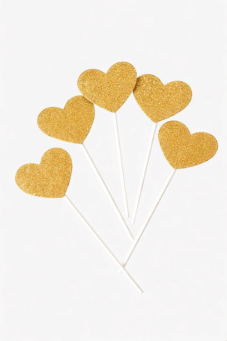 Topo de Coração Dourado 11cm com Palito – Kit com 5 Unidades