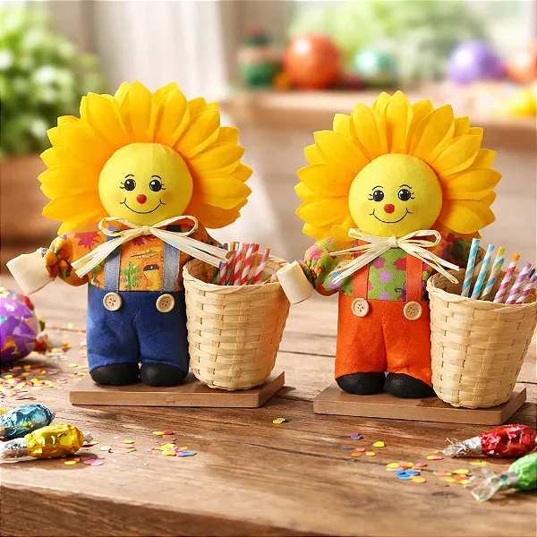 Espantalho Girassol com Cesto 25cm – Decoração Festa Junina 1 Unidade Sortido