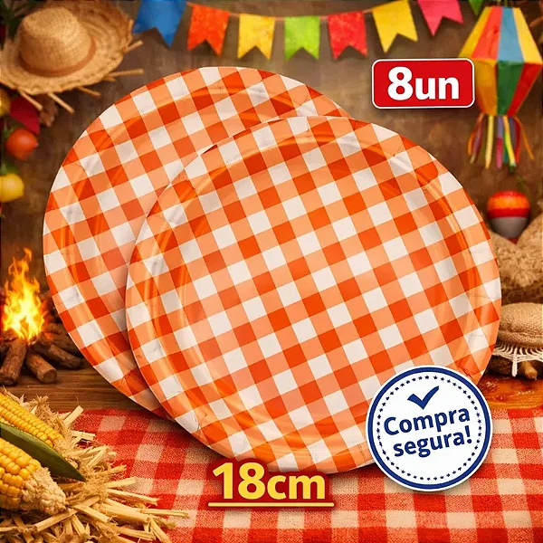 Prato de Papel Xadrez Laranja 18cm - 8 Unidades