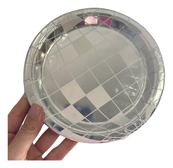 Prato de Papel Disco Globo Prata 18cm – Festa Retrô