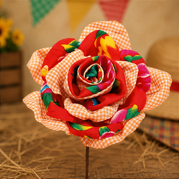 Flor de Tecido Chita e Xadrez Laranja 28cm
