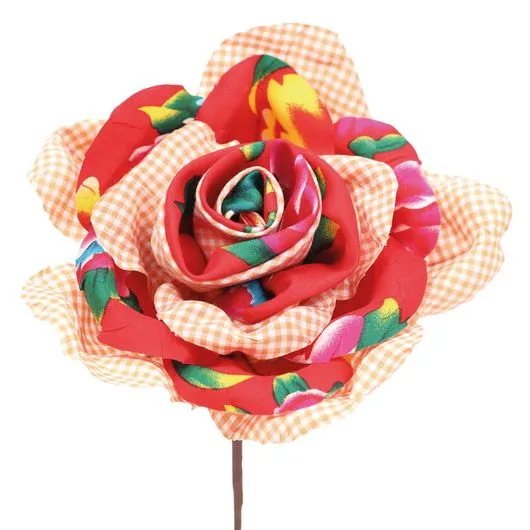 Flor de Tecido Chita e Xadrez Laranja 28cm
