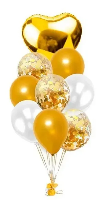 Kit Buquê Balao Coracao Metalizado Dourado 18" + 3 Pçs Balões c/Confete 12 Polegadas + 5 Látex 12 Polegadas - 9 Unidades