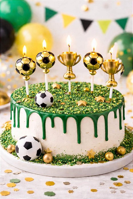 Velas Futebol Douradas com Bola e Troféu – Kit com 5 Unidades