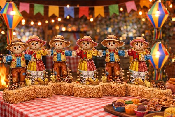 Totem de Mesa Casal Espantalhos 21cm – 6 Peças (3 Espantalhos e 3 Espantalhas)