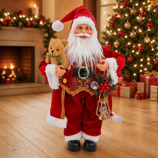 Papai Noel Segurando Urso Vermelho/Branco/Ouro 50cm – Encanto e Magia para o Natal