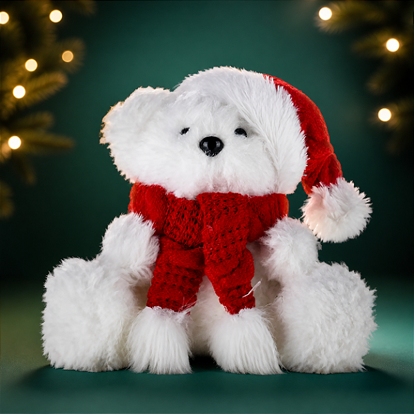 Urso de Pelúcia Sentado com Gorro Natalino 28CM