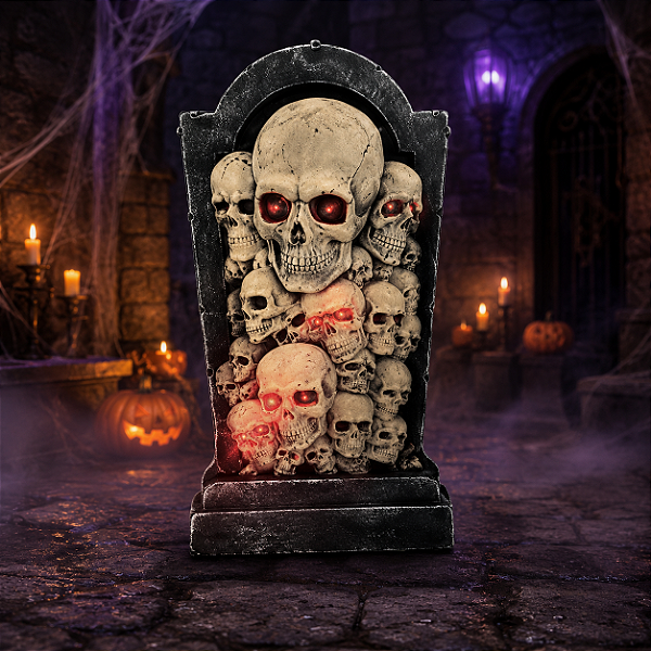 Lápide Com Caveiras e Luz Halloween Decorativa 89cm