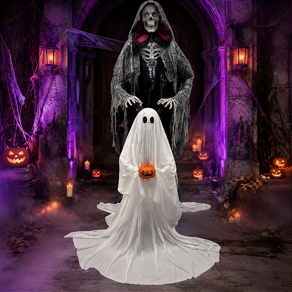 Esqueleto Com Fantasma Halloween Animado 1,80 Metros Luz Som Movimento