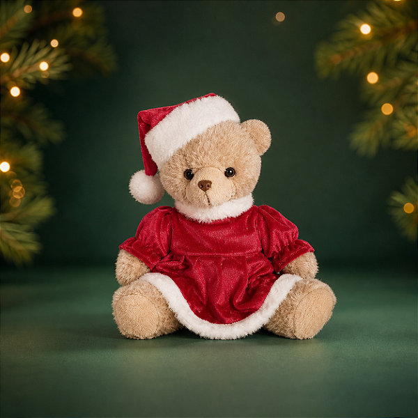 Ursa de Natal Sentada com Cachecol e Gorro 35cm