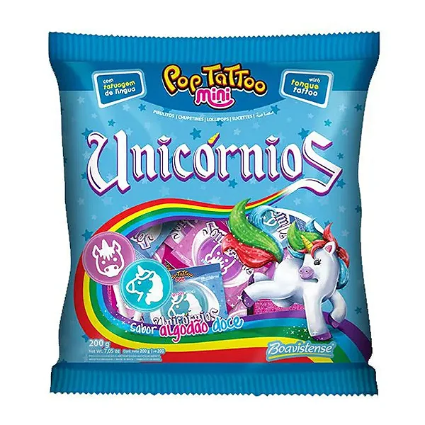 Pirulito de Unicórnio Sabor Algodão Doce 200g com Tatuagem na Língua – Florestal