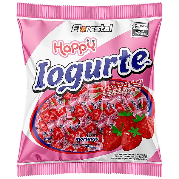 Bala Mastigável Happy Iogurte Morango 500g – Florestal