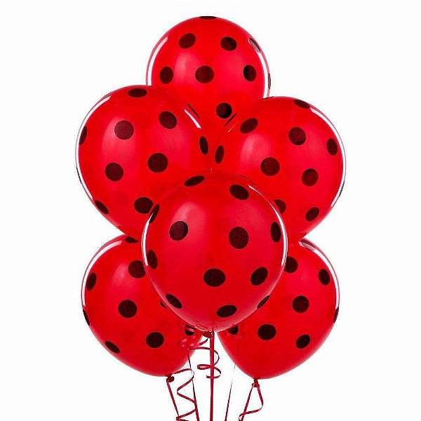 Balão de Látex Bolinha 10 Polegadas Vermelho com Bolinhas Pretas – Pacote com 25 Unidades