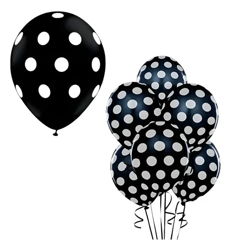 Balão de Látex Bolinha 10 Polegadas Preto com Bolinhas Brancas – Pacote com 25 Unidades
