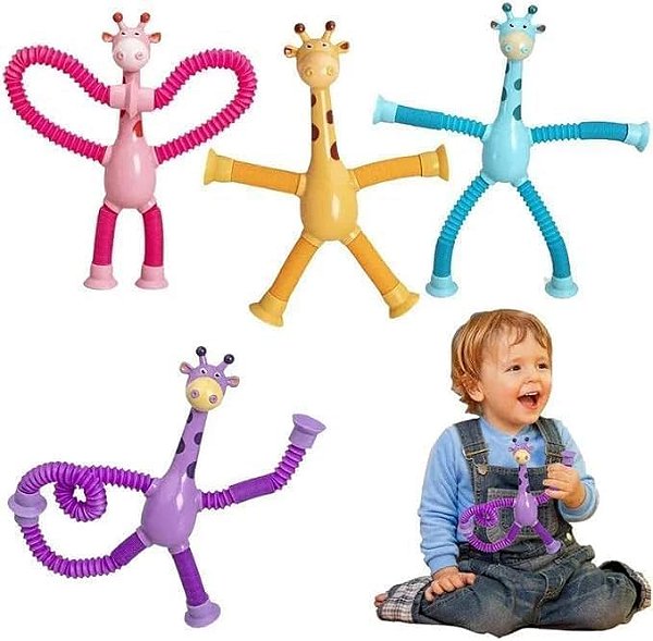 Brinquedo Girafa Pop It Tubo LED Estica Puxa com Ventosas Infantil