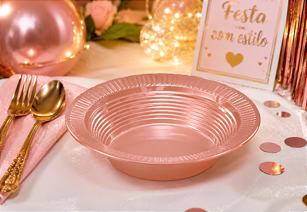 Prato Fundo Plástico Biodegradável Cumbuca 15cm Rose Gold - 10 Unidades