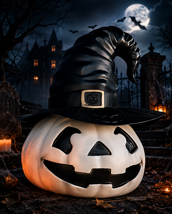 Abóbora com Chapéu para Decoração de Halloween 30cm - Branco