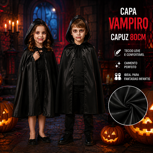 Capa Vampiro com Capuz Preta Infantil 80cm para Halloween - 1 Unidade