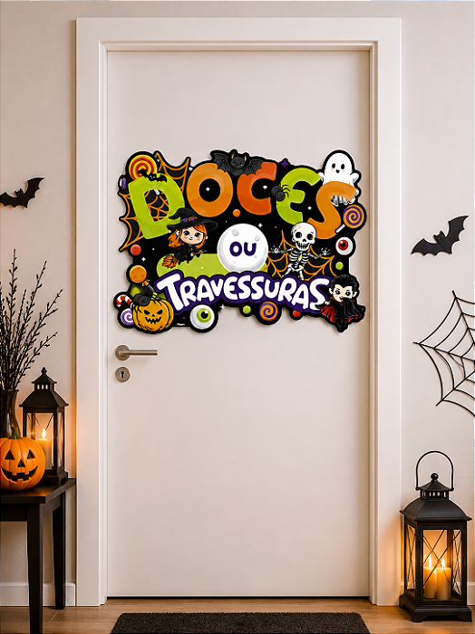 Decoração de Porta/Parede Cenário Doces ou Travessuras Infantil 63x44cm – Painel em Papel Cartão