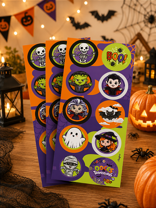 Adesivo Redondo Halloween Infantil – 30 Adesivos (3 Cartelas com 10)