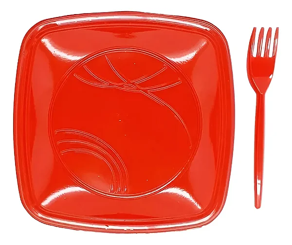 Kit Sobremesa Prato e Garfo Vermelho - 10 Unidades