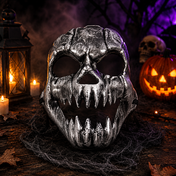Máscara Caveira Metalizada Prata com Dentes Afiados Halloween – 24x20cm