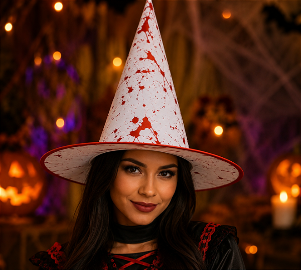 Chapéu De Bruxa Branco Com Sangue Assustador Halloween