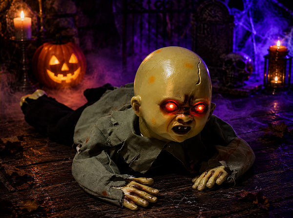 Boneco Bebê Zumbi Rastejante Halloween 1 Metro com Sensor, Som, Luz e Movimento
