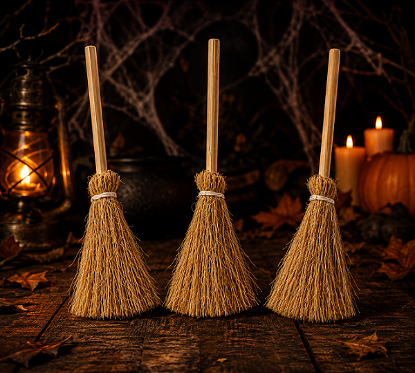 Kit 3 Mini Vassouras de Bruxa Halloween 10cm para Decoração