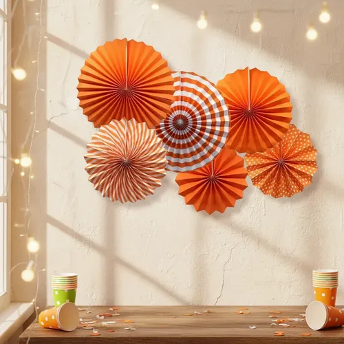 Kit Leques Enfeite de Papel Laranja - 6 Unidades (2 unds de 40cm + 2 unds de 30cm + 2 unds de 20cm)