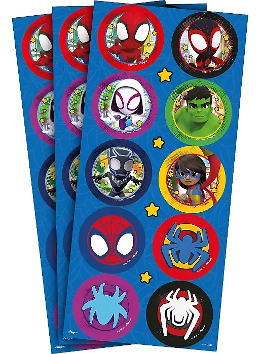 Adesivo Redondo Spidey e Seus Amigos - 3 Cartelas Com 10 Adesivos Cada (30 Unidades)