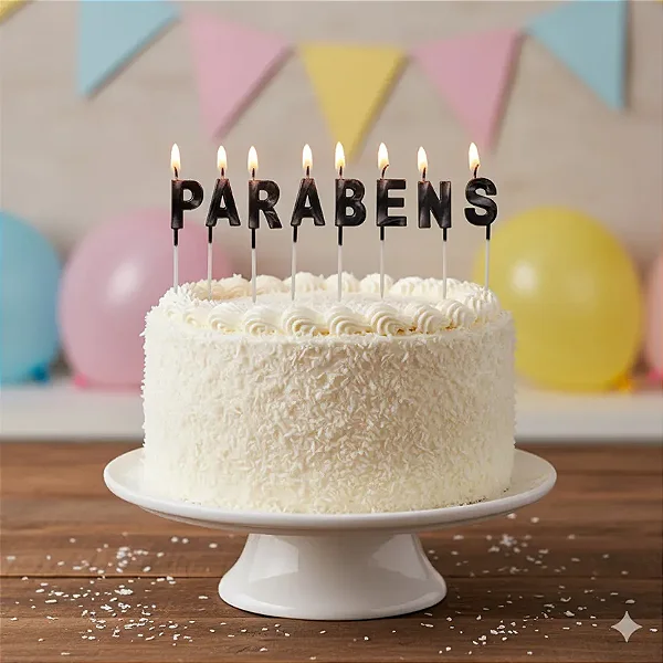 Vela Decorativa "Parabéns" Preto 8cm para Bolo de Aniversárario