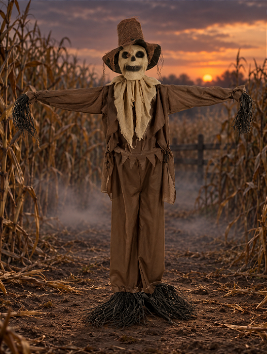 Boneco Halloween Animatronic Espantalho Alex Marrom C/Luz Som e Movimento 185cm