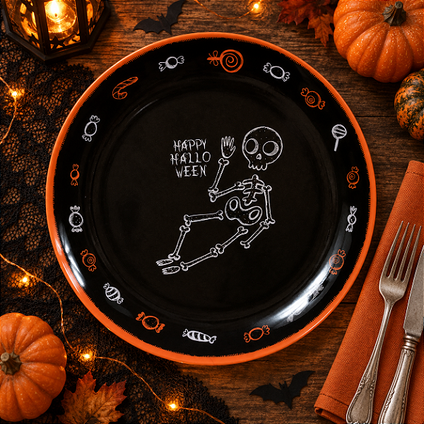 Prato de Sobremesa em Melamina Halloween Fantasma Preto ou Laranja 20cm