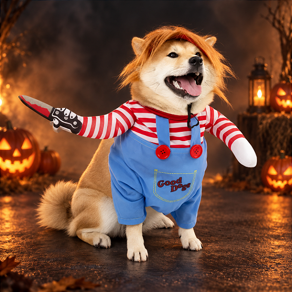 Fantasia Chucky para Pet com Peruca, Camisa e Faca Cenográfica