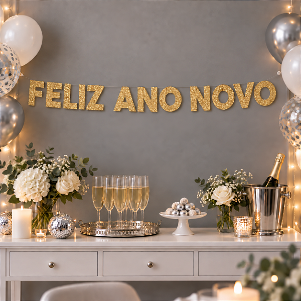 Faixa Decorativa Feliz Ano Novo com Glitter Dourado