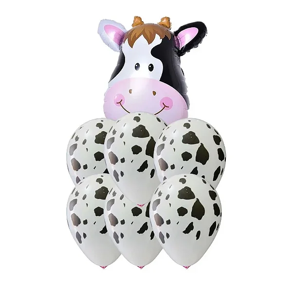 Buquê de Balões Safari Vaca - 1 Balão Metalizado 35x26cm + 6 Balões Látex 12 Polegadas - 7 unidades