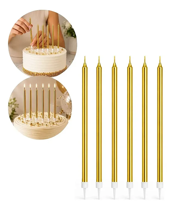 Vela De Aniversário Metalizada Dourado 19cm Kit Com 6 Unidades