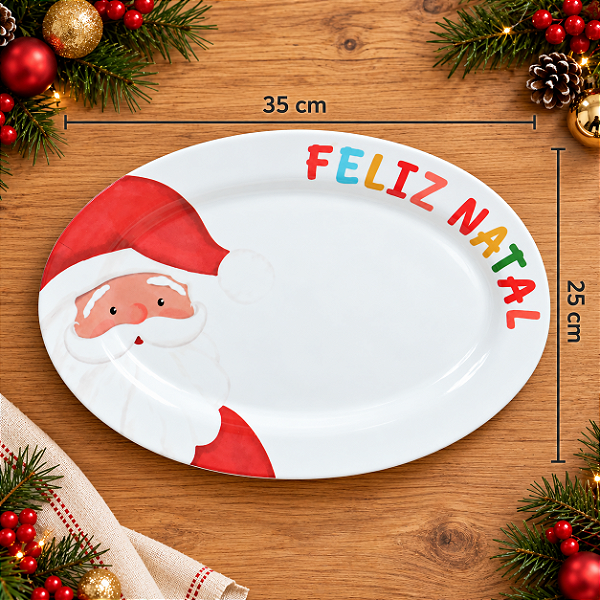 Travessa Oval de Melamina Natal Noel Aquarelado Branco e Vermelho – 35 x 25 cm