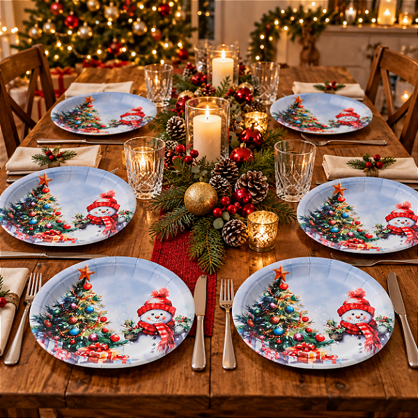 Prato de Papel Descartável Natal Boneco de Neve e Árvore 18cm - Kit com 10 Unidades