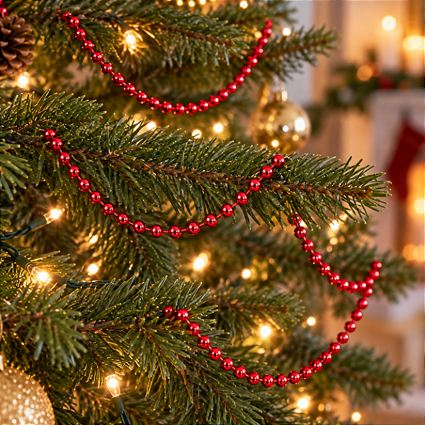 Cordão de Bolinhas Metalizadas Vermelho para Árvore de Natal – 5 Metros