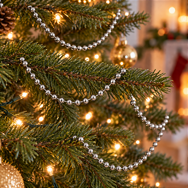 Cordão de Bolinhas Metalizadas Prata para Árvore de Natal – 5 Metros