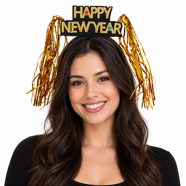 Tiara de Réveillon Happy New Year Feliz Ano Novo com Franjinha Metalizada Dourado
