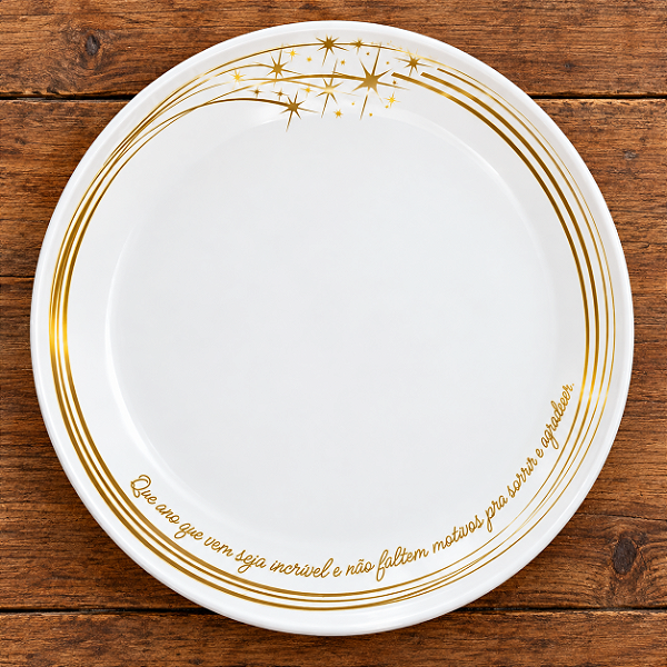 Prato Raso Dourado Réveillon Melamina 25 cm – Ceia de Natal