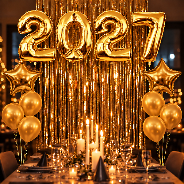 Kit Decoração Réveillon 2027 com Balões, Cortina Metalizada e Estrelas - Dourado