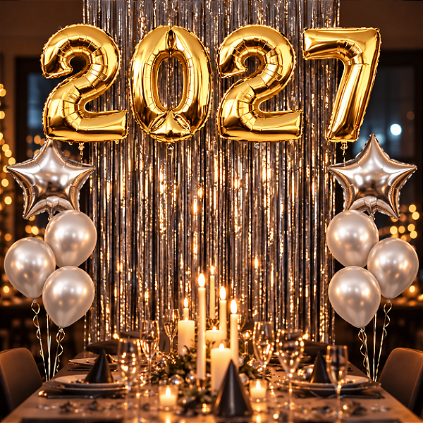 Kit Decoração Réveillon 2027 com Balões Metalizados 2027 Dourados, Cortina Metalizada Balões e Estrelas - Prata