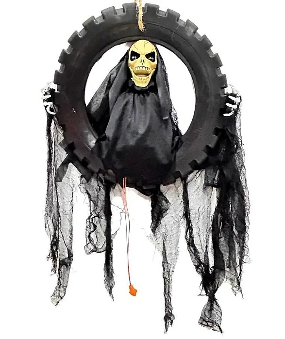 Enfeite Caveira Gordon no Pneu Luz, Som e Movimento 80cm Halloween
