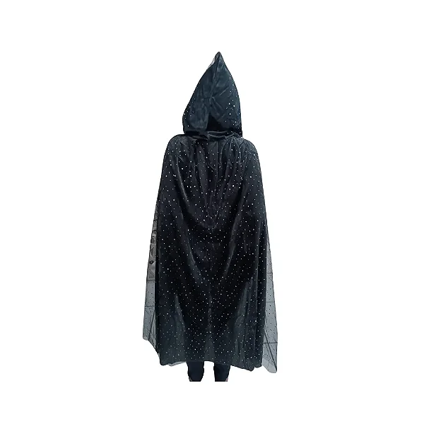 Capa Bruxa Halloween Adulta 120cm - Preta com Estrelas Pratas
