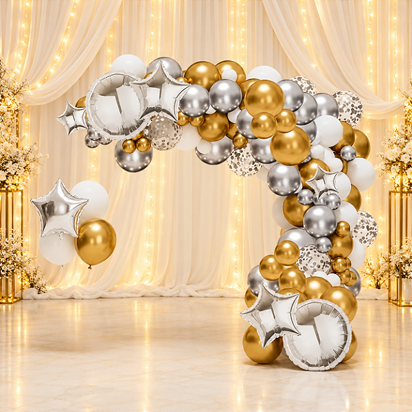 Kit Arco Balão Desconstruído Prata Luxo 56 Pçs
