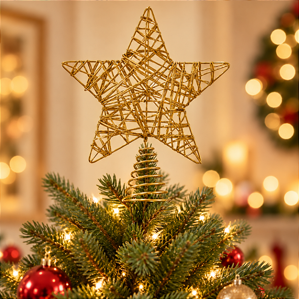 Estrela Ponteira de Natal Dourada 25 cm – Decoração para Árvore